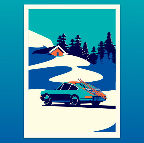 Retro-style illustration of a classic sports car with skis on the roof driving along a winding snowy road toward a cabin and pine forest in a winter mountain landscape