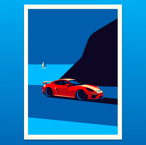 Red sports car on a blue landscape with a sailboat