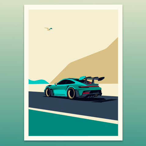green car in a desert with seagull flying past