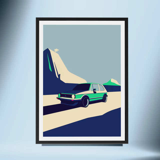 VW Golf MK1 cruising by rocky mountains - Car Print
