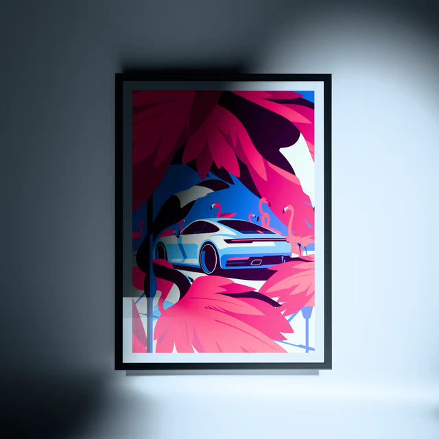 Flamboyant Speed: Porsche 992 Carrera Amidst Pink Flamingo Oasis - Car Print