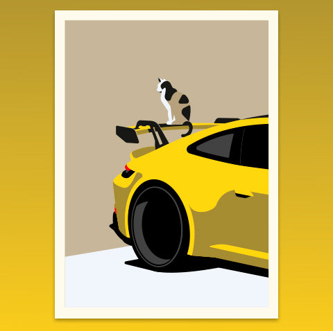 Yellow sports car with a cat on top against a beige background