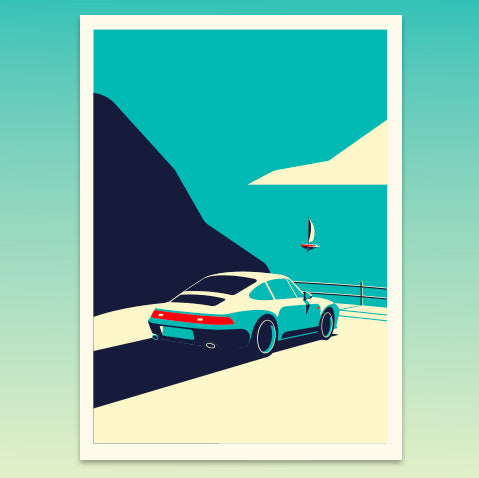 Illustration of a car on a road with a sailboat in the background, set against a blue sky.