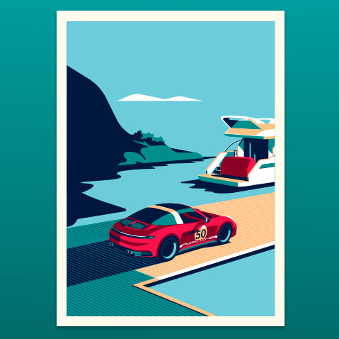 Illustration of a red race car on a track with mountains in the background