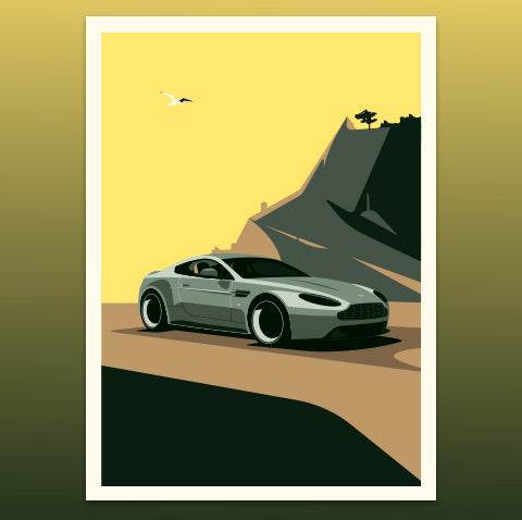 Illustration of a sports car on a mountain road with a yellow sky. by bavz