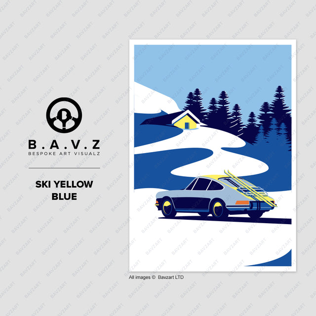Porsche 911 ski yellow blue wall art