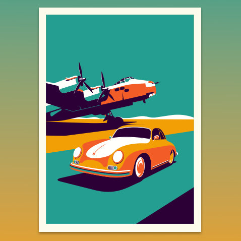 Porsche 356 passing by plane