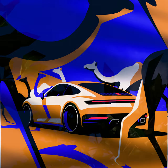 Desert Roar: Porsche 992 Carrera Amongst Majestic Camels - Car Print