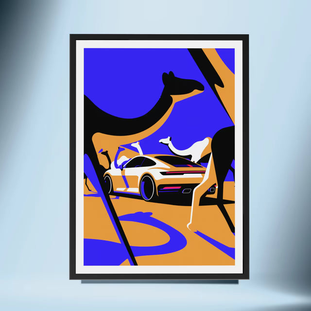 Desert Roar: Porsche 992 Carrera Amongst Majestic Camels - Car Print