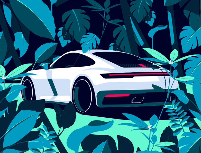 White sports car amidst tropical foliage