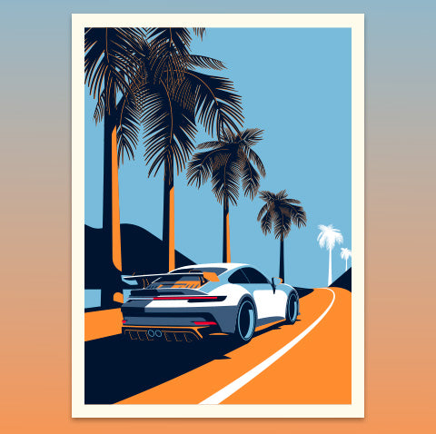 Porsche car on a road with palm trees in the background