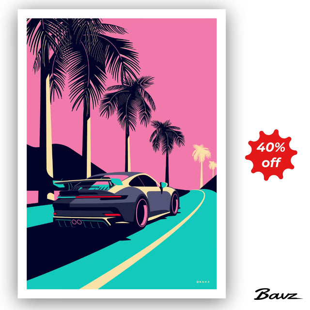 992 GT3 Glides by Palm Trees in Miami - Limited Edition, Premium Giclée Print