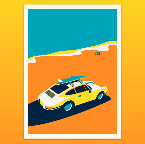 Illustration of a porsche with a surfboard on an orange beach with blue sky.