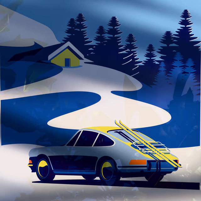 Porsche 912 ski trip - Limited Edition, Ski Yellow Blue, Premium Giclée Print