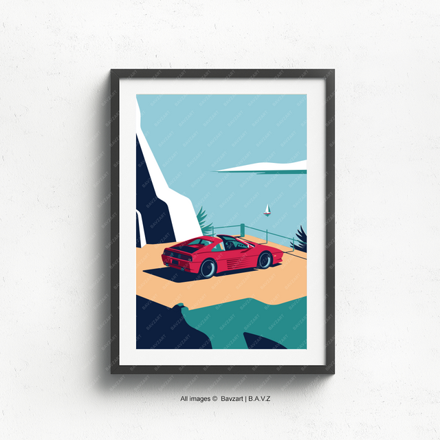 In this modern piece, a red Ferrari 348 is depicted on a cliffside, with the calm sea and a lone sailboat in the background, all rendered in bold, clean lines and striking colors.