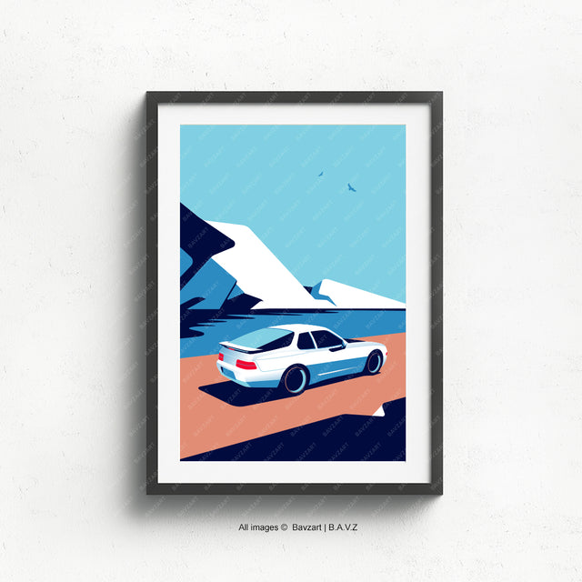 Illustration of a red Porsche 968 driving across a snowy blue landscape in a minimalist art style