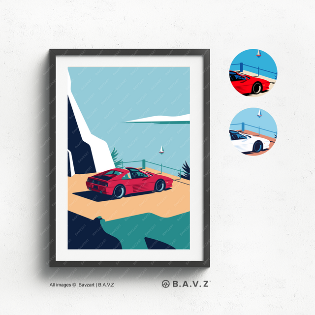 This artwork features a vibrant illustration of a red Ferrari 348 parked on a coastal road, overlooking a serene blue ocean with a sailboat in the distance, set against a backdrop of minimalist, modern design.