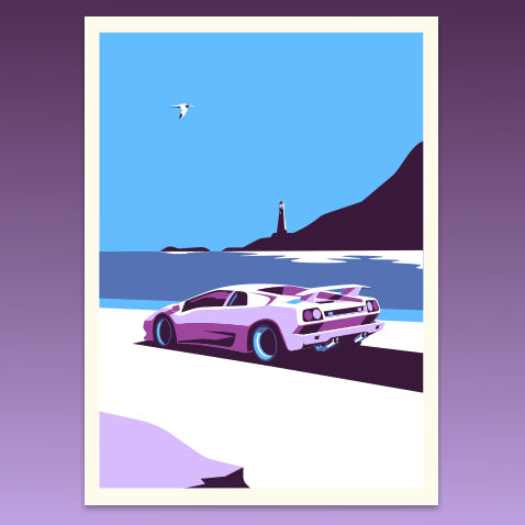 Lamborghini Diablo driving by lighthouse
