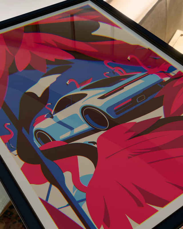 Flamboyant Speed: Porsche 992 Carrera Amidst Pink Flamingo Oasis - Car Print