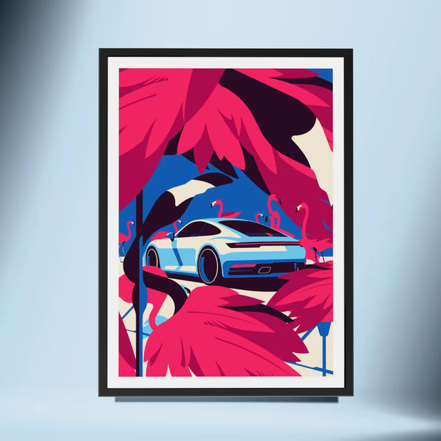 Flamboyant Speed: Porsche 992 Carrera Amidst Pink Flamingo Oasis - Car Print