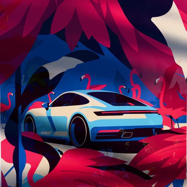 Flamboyant Speed: Porsche 992 Carrera Amidst Pink Flamingo Oasis - Car Print