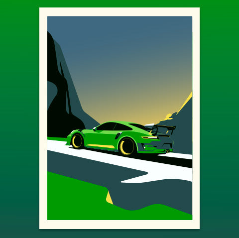 Green sports car on a mountain road with a green border