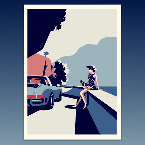 Illustration of a woman in a polka dot dress sitting by a car with a scenic background