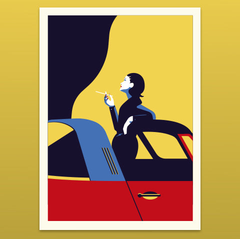 Illustration of a woman standing by her car with a yellow background