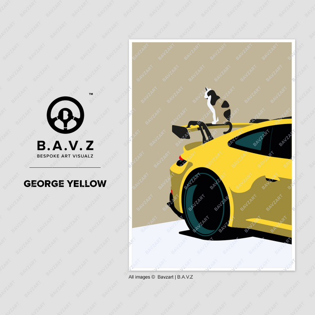 cat sitting onto of a yellow Porsche rear spoiler 