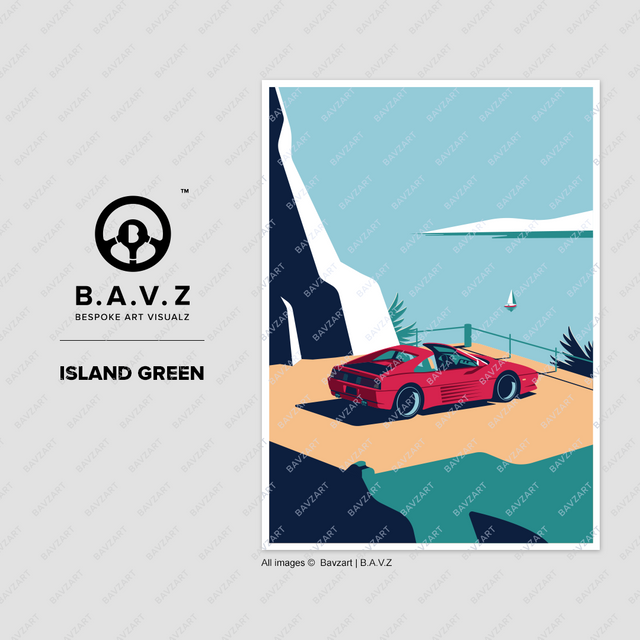 This image portrays a red Ferrari 348 parked by the seaside, with a sailboat on the horizon, using a minimalist style to highlight the car's elegance and the scenic Mediterranean landscape.