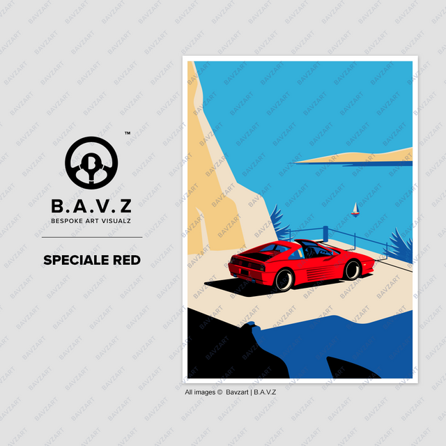 A red Ferrari 348 stands on a coastal overlook in this artwork, with the blue ocean and a sailboat creating a tranquil backdrop, presented in a sleek, modern artistic style.