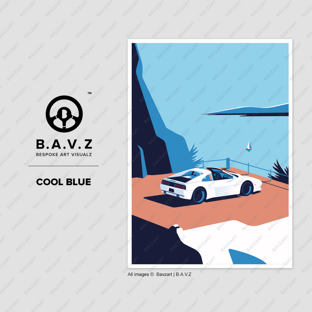 This modern illustration showcases a white Ferrari 348 on a cliffside road, overlooking a calm blue sea with a distant sailboat, using bold lines and vibrant colors to capture the scene's essence.