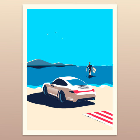 Illustration of a car on a beach with a person holding a surfboard, set against a blue sky.