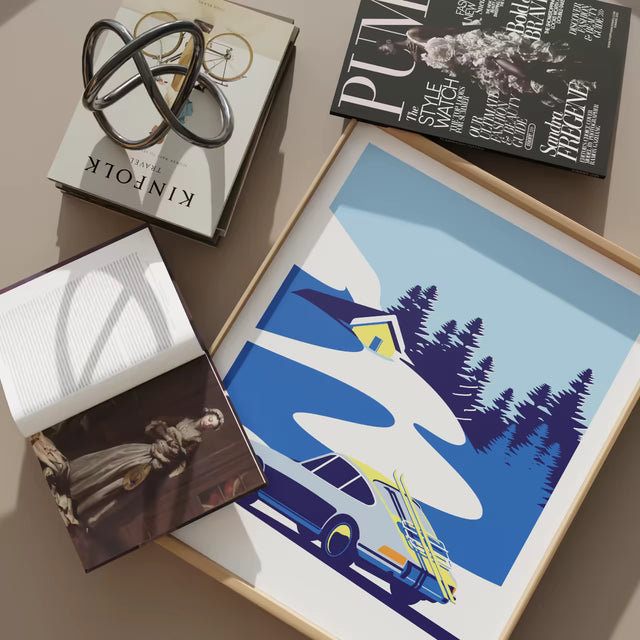 Porsche 912 ski trip - Limited Edition, Ski Yellow Blue, Premium Giclée Print