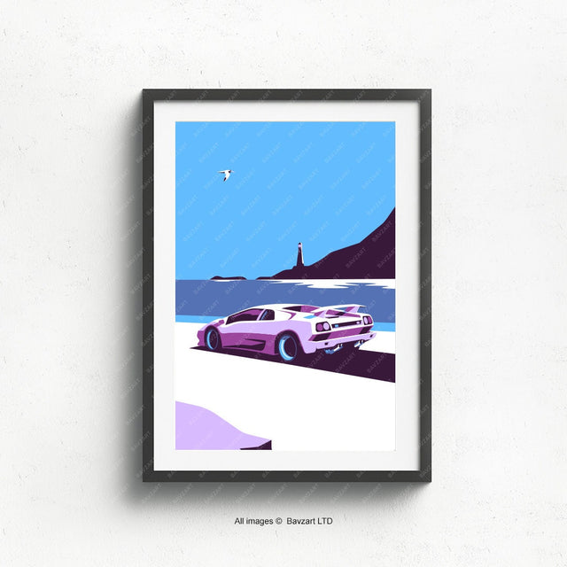 Lamborghini Diablo driving by lighthouse wall art